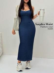 Flexra Plus Size Women's Colorblock Split Hem Fitted Spaghetti Strap Denim Dress - Blue - View 3