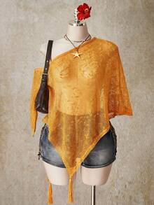 SHEIN ICON 女款大尺碼不對稱領蕾絲休閒日常針織上衣 - 橘色 - 查看 4