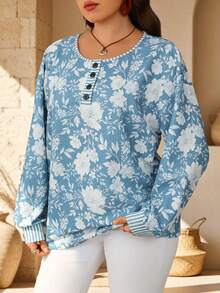 EMERY ROSE Plus Size Women's Floral Print Round Neck 3/4 Sleeve Button Front Ribbed Cuff Loose Fit Pullover Hoodies Casual Elegant Autumn Blue And White Birthday - Multicolor - View 2
