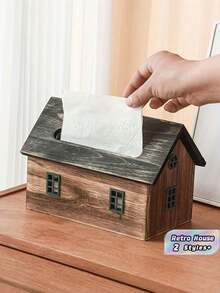 1PC Wooden Retro House Shape Tissue Box Cover Napkin Holder Organizer Vintage Decorative Storage Container For Living Room Bedroom Hotel Office Tabletop Home Decor Rustic Farmhouse Style Gift - Multicolor - View 1