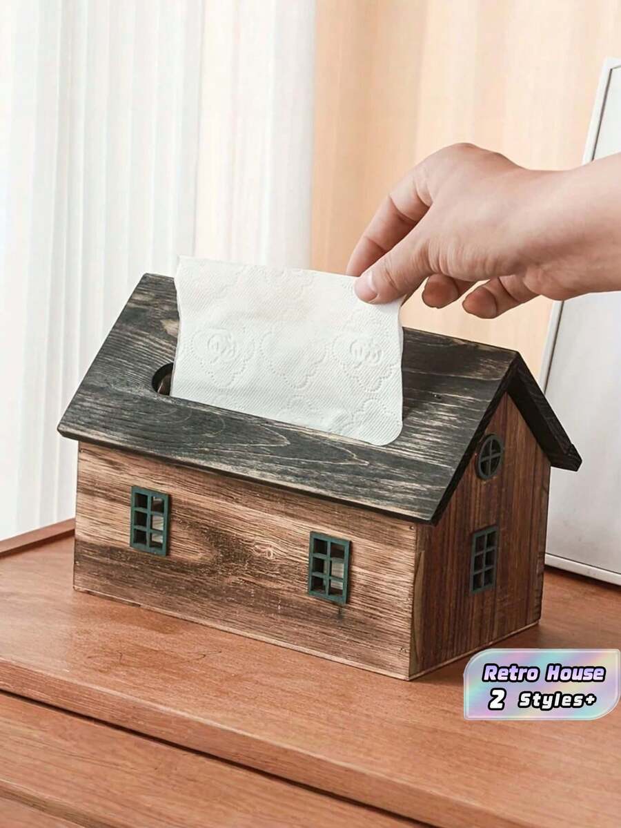 1PC Wooden Retro House Shape Tissue Box Cover Napkin Holder Organizer Vintage Decorative Storage Container For Living Room Bedroom Hotel Office Tabletop Home Decor Rustic Farmhouse Style Gift - Multicolor - View 1