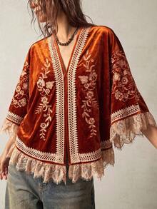 Bohemela Pakaian Luar Wanita Kasual Serbaguna untuk Sehari-hari dengan Motif Bunga dan Renda. - Jeruk - View 6