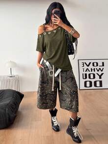 Coolane 女款秋季街頭風 Y2K 骷髏圖案萬聖節外出套裝 寬鬆版 - 軍綠色 - 查看 2