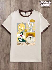 LOONEY TUNES X SHEIN OlaRiff Casual Fashion Funny Cartoon Squad Graphic Print Beige Cuff Patchwork T-Shirt College Off Campus Summer - Beige - View 1