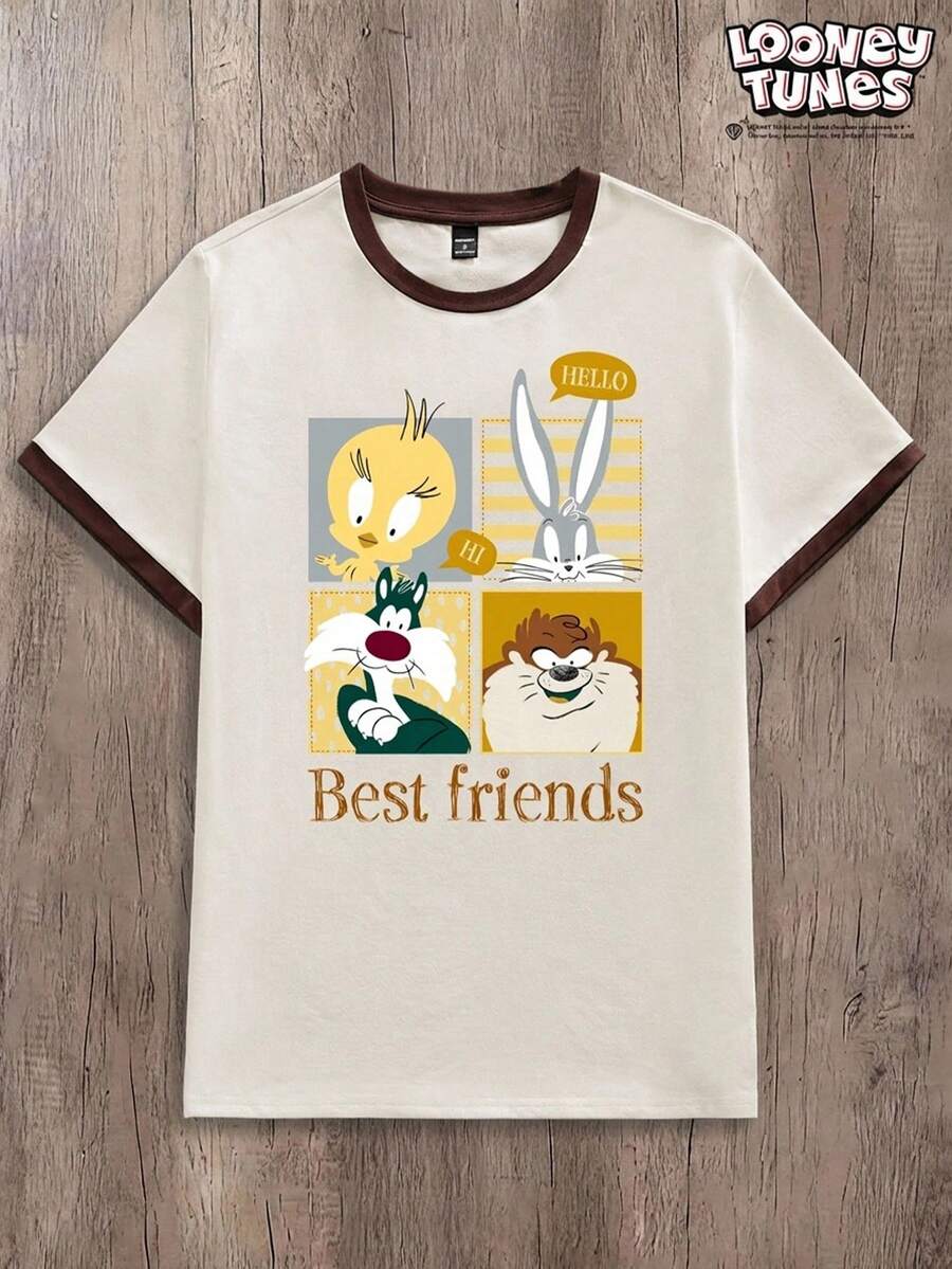 LOONEY TUNES X SHEIN OlaRiff Casual Fashion Funny Cartoon Squad Graphic Print Beige Cuff Patchwork T-Shirt College Off Campus Summer - Beige - View 1