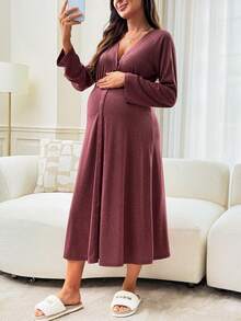 Slowluna Solid Color Raglan Long Sleeve Dress,Autumn Outfit For Women - Burgundy - View 3