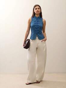 Nöista Sleeveless Top With Buttons And Front Opening - Dusty Blue - View 6