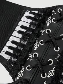 ROMWE Fairycore 1pc Black Hexagonal Waist Cincher Corset Belts With Hollow Lace Trim, Musical Note Accents, And Embroidered Black-And-White Piano Key Pattern, Dark Gothic Style - Key Notes Hexagonal Waist Seal - View 2