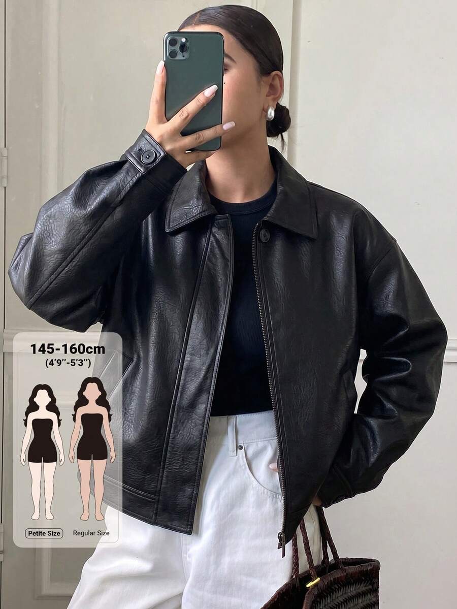 Livesso Petite 女款街頭時尚長袖口袋PU皮革夾克外套 秋季 - 黑色 - 查看 1
