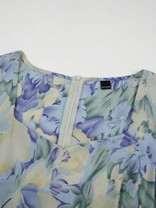 Modelyn Plus Size Blue Tie Dye Print Square Neck Splicing Apricot Insert Flutter Sleeve Cinched Waist A-Line Dress - Blue - View 9