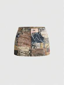 ROMWE Grunge Punk Y2K Millennium Retro Style Leopard Print Floral Print Y2K Fitted Denim Mini Skirt - Multicolor - View 1