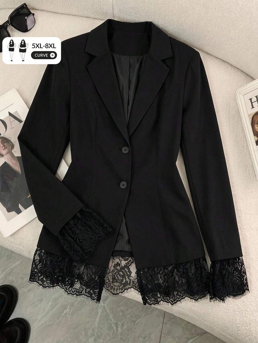 SHEIN CURVE+ 大尺碼簡約休閒商務通勤優雅正式晚宴蕾絲拼接深V領長袖2026夏季22W黑色