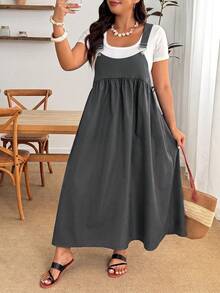 Enliva Plus Size Casual Loose Strap Dress - Dark Grey - View 5