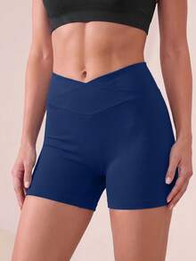 SHEIN Sports Women's Solid Color Casual Daily Seamless Sports Shorts - Navy Blue - View 3