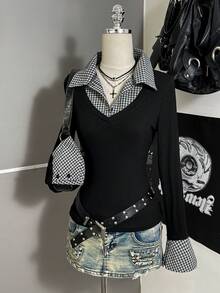 Attitoon Women's Korean Style Plaid Patchwork 2 In 1 Button Shirt Streetwear - Black - View 6