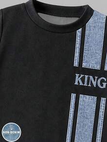 2pcs Set Striped & King Print Black And Blue Contrast Color Versatile Fashionable Comfortable Crew Neck Short Sleeve T-Shirt And Black Jogger Cargo Pants Outfit Suitable For All Seasons - Multicolor - View 3