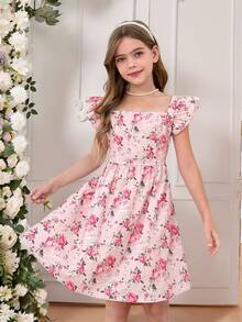 SHEIN Serisse Kids 少女粉色碎花夏季可愛派對洋裝，梭織小碎花方領荷葉邊收腰後背蝴蝶結裝飾，法式優雅公主風婚禮禮服 - 粉色 - 查看 3
