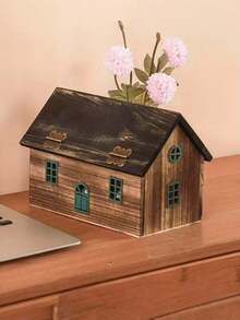 1PC Wooden Retro House Shape Tissue Box Cover Napkin Holder Organizer Vintage Decorative Storage Container For Living Room Bedroom Hotel Office Tabletop Home Decor Rustic Farmhouse Style Gift - Multicolor - View 3