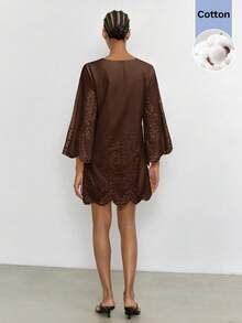 Maija Women's Casual Boho Hollow Embroidery Notched Collar Short Dress Vacation Brown Autumn - Brown - View 2