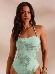 Opulessa Solid Color Knit Fitted Halter Neck One-Piece Swimsuit For Women - Mint Green - View 7