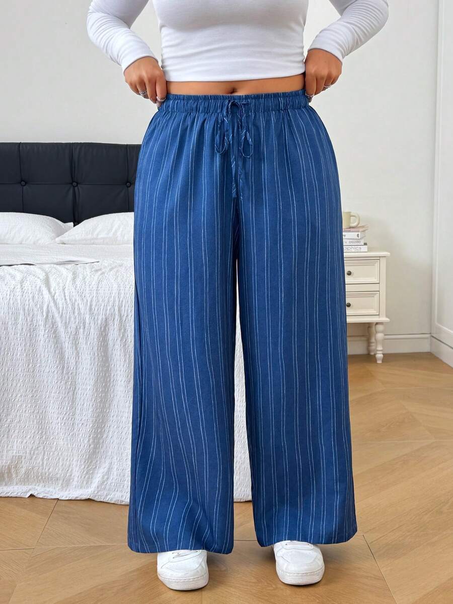 SHEIN EZwear 大尺碼休閒寬鬆條紋長褲 - 彩色 - 查看 1