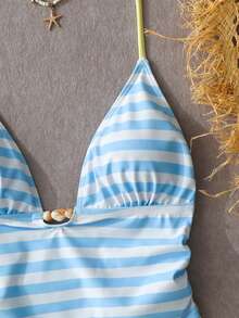 Bellisia Vintage Striped Halter V-Neck Two-Piece Swimwear, High Waist Bikini Bottom 3 Pieces Set, Beach Vacation Swimwear - Multicolor - View 8