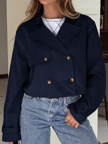SHEIN EZwear 女款杏色純色雙排扣短版夾克 秋冬款 - 深灰色 - 查看 6
