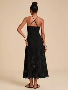 Travachic Halter Neck Split Embroidered Backless Sleeveless Summer Heavy Work Dress Elegant Fall Outfits Boho&Vacation - Black - View 4