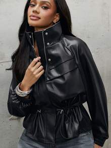 Denimoi Women's Autumn Fashion Drawstring Waist Regular Jacket - Black - View 2