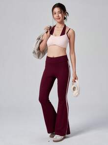 DAZY Women's Casual Home Fitness Sports Set,Korean Style Pink & Red Colorblock Patchwork 2 In 1 Spaghetti Strap Tank Top With Chest Pads, Straight Leg - Red - View 2