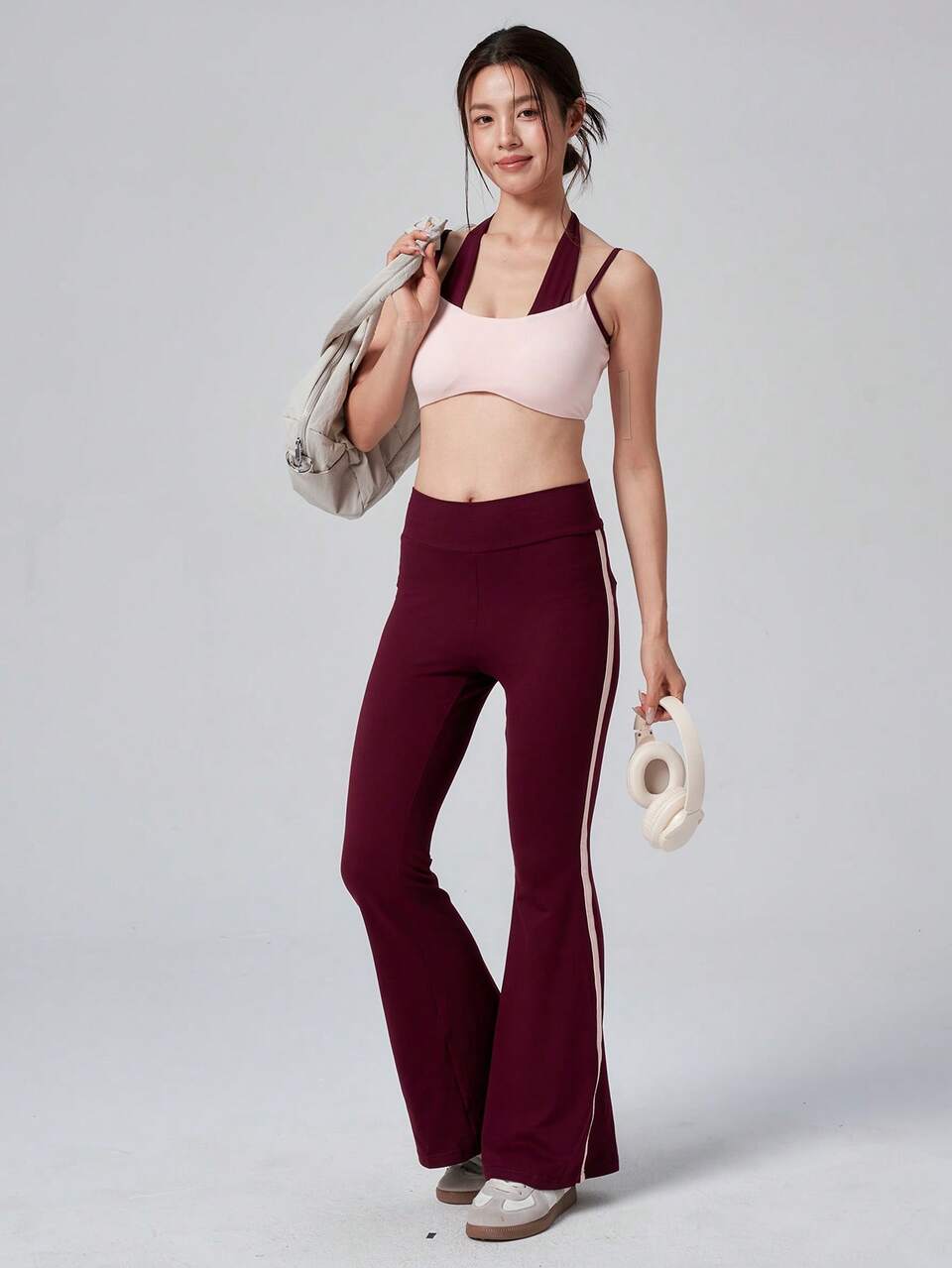 Women's Casual Home Fitness Sports Set,Korean Style Pink & Red Colorblock Patchwork 2 In 1 Spaghetti Strap Tank Top With Chest Pads, Straight Leg