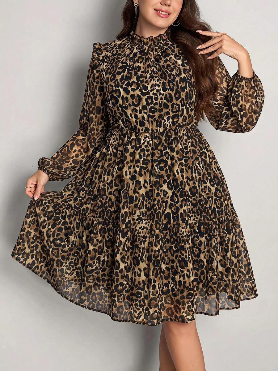 Comfylo Gaun Wanita Ukuran Besar Modis Motif Leopard dengan Kerah Berkerut dan Lengan Lentera untuk Musim Gugur - Coklat - View 1