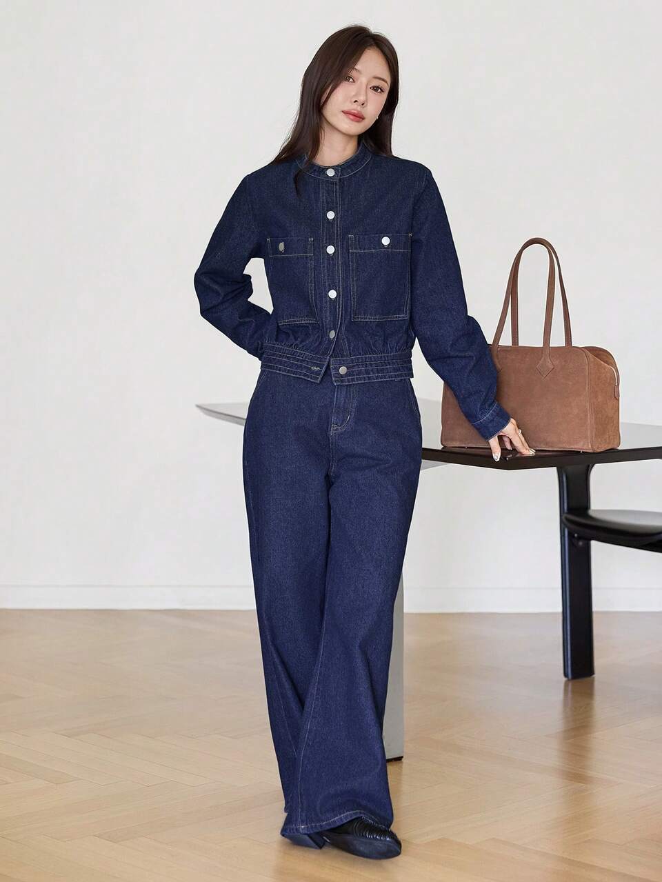 Round Neck Button Pocket Decor Long Sleeve Dark Blue Cropped Denim Jacket With Wide Leg Pants Set