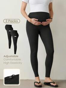Modmama 2 Stücke Umstandsleggings mit hoher Dehnbarkeit und Taschen - Schwarz - Übersicht 1