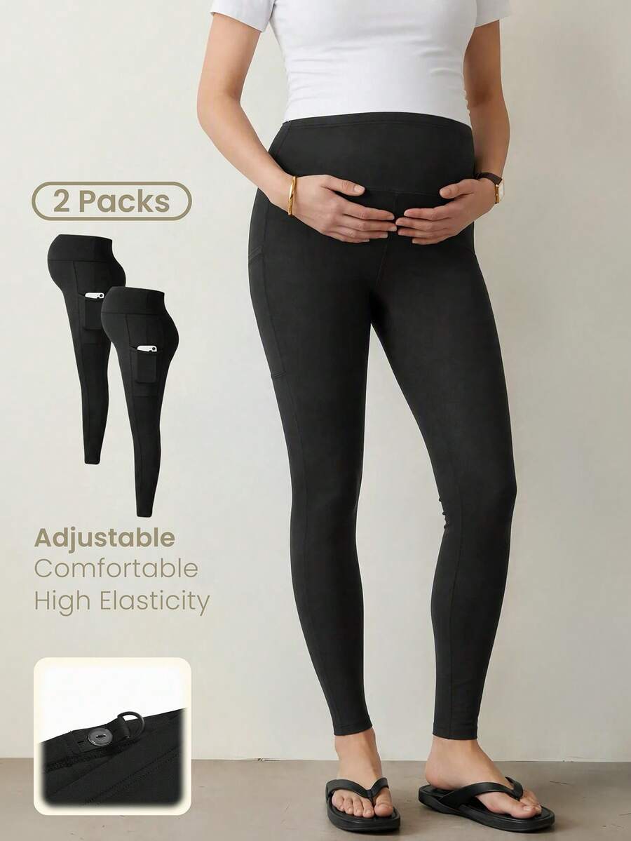 Modmama 2 Stücke Umstandsleggings mit hoher Dehnbarkeit und Taschen - Schwarz - Übersicht 1