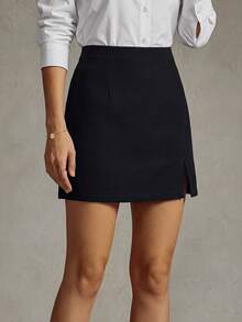 SHEIN Women's Solid Color Elegant Slit Hem Skirt, Business - Black - View 4