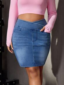 Flexra Plus Size Women's Fall Summer Casual Criss-Cross Waist Elastic Denim Mini Skirt Waist Corset Buttock Lift Sportswear Work Outfits For Women - Medium Wash - View 4