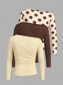 SHEIN Clasi 3 piezas Camisetas de manga larga para mujer Oficina Beige Marrón Otoño Elegante - Multicolor - Ver 2