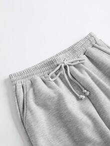 SHEIN PETITE CURVE 大尺碼女款純色抽繩腰休閒百搭日常長褲 - 淺灰色 - 查看 7