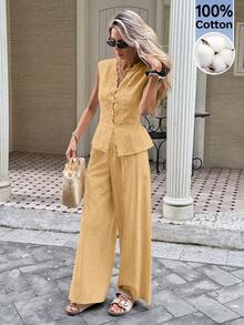 Serisse Women's Contrast Lace Single-Breasted Vest And Pants Casual Two Pieces Set - Yellow - View 5