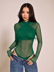 SHEIN PETITE 女款性感純色網紗包覆式連身衣，透視長袖 - 墨綠色 - 查看 9