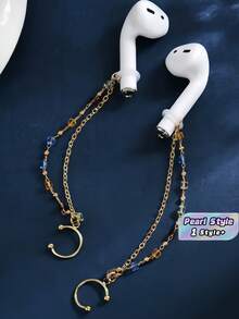 Protective Color Rhinestone Fashion Anti Drop Ear Chain One Sets For Bluetooth Wireless Earphones Compatible With Apple Simple Pearl Travel Essential - Gold - View 1