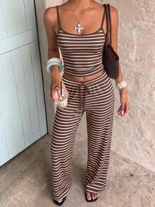 Aloruh Women's Casual Home Wear Striped Camisole & Long Pants Set - White - View 8