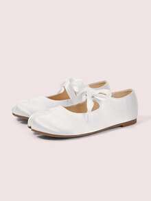 CUCCOO DOLLMOD Women's Side Cutout Bow Tabi Mary Jane Flats White Satin Ballet Flat Shoes Fall Shoes - White - View 2