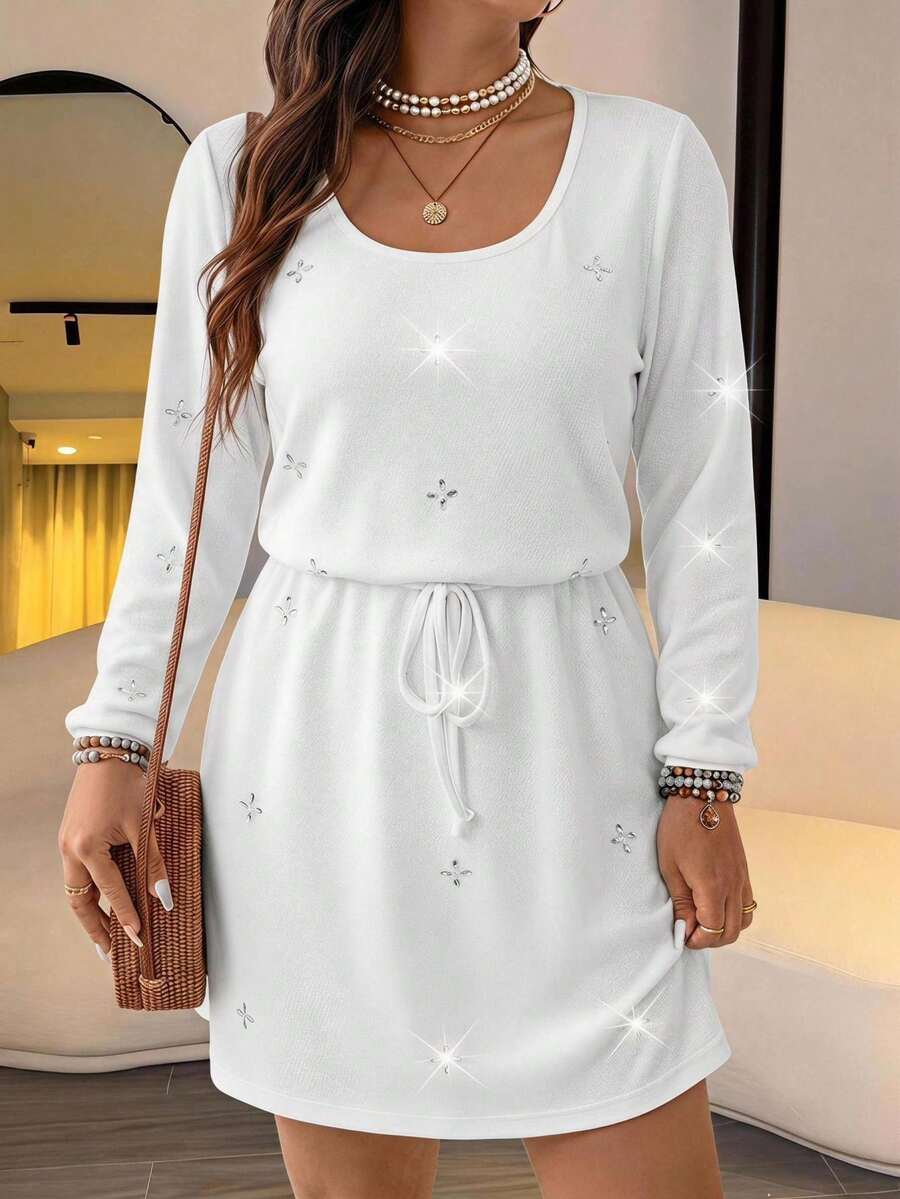 SHEIN LUNE Plus Size Striped Rhinestone Vintage Casual Elegant Fashion Autumn Dress Formal Morning Birthday White - Brown - View 1