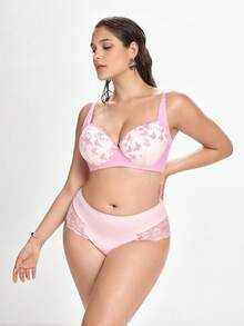 Slumbrini 1pc Plus Size Women's Lace Patchwork Underwear - Pink - View 4
