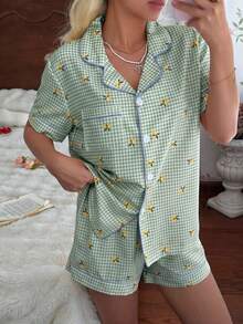 CottageSlumber Women's New Lemon Plaid Print Button-Front Short Sleeve Shorts Pajama Set - Green - View 6