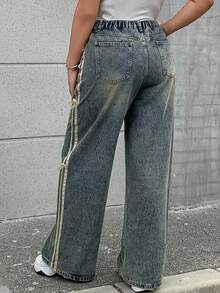 Dazy Plus Pantalones vaqueros de pierna ancha con lazo y parches de color, pantalones vaqueros casuales para mujer, para todas las estaciones - Azul lavado medio - Ver 11