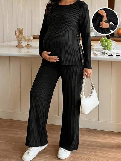 SHEIN Set premaman nero a due pezzi: top con spacco laterale e pantaloni (con funzione per l'allattamento) – stile casual per l'autunno; adatto per il relax o per uscire. Autunno