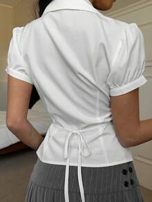 SHEIN EZwear 休閒優雅法式百搭白色編織泡泡袖女款襯衫 教師節早午餐辦公室夏季穿搭 - 白色 - 查看 2